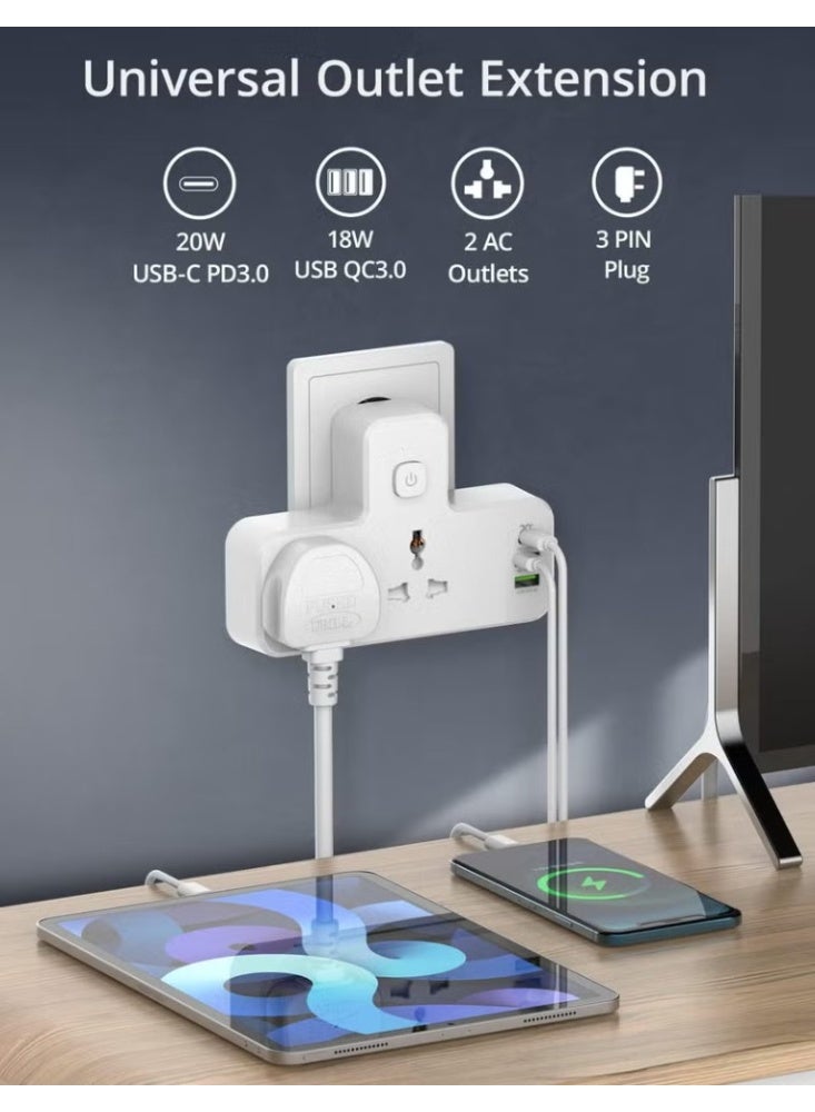 PEGANT 3-in-1 Power Extension Socket with 20W USB-C PD Fast Charging, 2 AC Outlets + 2 USB-A Ports + 1 USB-C Port, Touch Night Light, Compact Multi Plug Adapter - Image 5